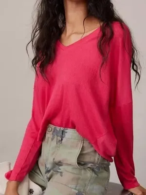 Anthropologie Bright Pink V Neck Dolman Sleeve Boxy Top thumbnail 1
