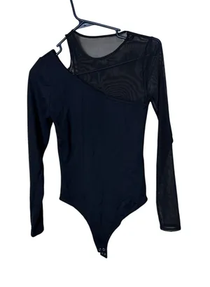 Abercrombie & Fitch Soft A&F Black Asymmetrical Mesh Long Sleeve Bodysuit Small thumbnail 1