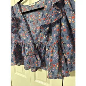 Karlie Blue Floral V Neck Crop Top Size Medium Hippie Boho 3/4 Sleeve thumbnail 4