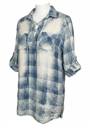 Wet Seal‎ Plaid Lace Up Tunic Womens Medium Blue Distressed Roll Tab Sleeve thumbnail 1