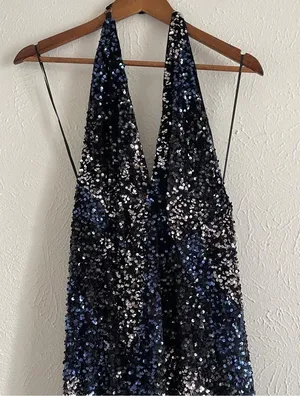 FREE PEOPLE Glitter & Gold Midi Sequined Halter Dress Size L Open Back thumbnail 3