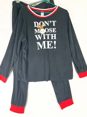 Holiday Time Velveteen Moose Graphic PJ Set Women XL Black‎ Joggers Red Trim Fun thumbnail 1