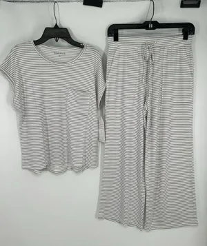 Softies Dream Jersey Grey Stripe Cap Sleeve Crew Tee Capri Matching Lounge Set S thumbnail 1