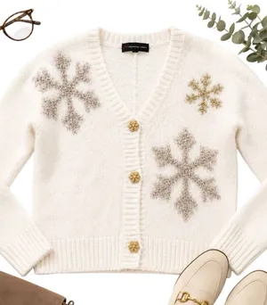 33 Degrees Ivory Snowflake Eyelash Knit Cardigan Gold Buttons Women’s Medium EUC thumbnail 1