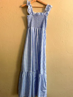 Smocked Gingham Maxi Dress with Ruffle Straps - Light Blue, length 52" thumbnail 3