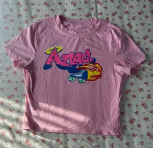 Pink 'Angel' Graphic Crop Baby Tee thumbnail 1