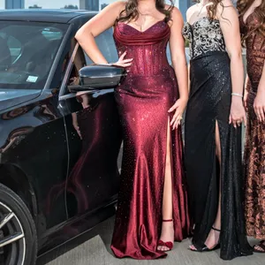 Sherri Hill Size 12 Burgundy Prom Dress – Satin Corset Mermaid Gown w/ Slit thumbnail 5