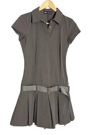Zara Gray Dark Academia Blogger Box Pleated Drop Waist Belted Polo Mini Dress S thumbnail 1