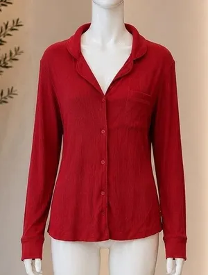 SKIMS Womens Pajama Top Red Soft Modal Ribbed Button Front Small thumbnail 1
