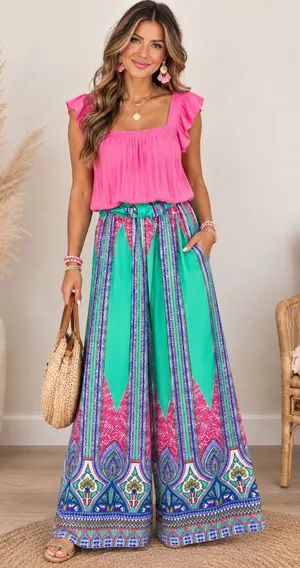 Tyche Bright Pink Top with Green & Multicolor Printed Wide-Leg Pants thumbnail 1