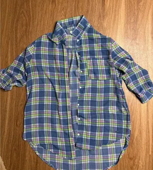 Hollister Womens‎ Blue Green Pink Plaid High Low Button Up Shirt L Sheer layer thumbnail 1