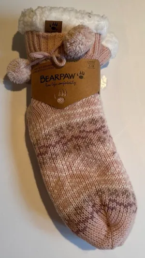 BearPaw nwt Pink Marled Knit Sherpa Slipper Socks with Pom Trim women’s 5-10 thumbnail 1