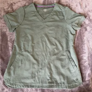 Healing Hands Olive Green Camo Print Two Pocket Scrub Top thumbnail 1