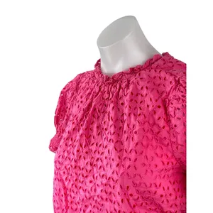 J,Crew Women's Pink Embroidered Eyelet Short Puff Sleeve Mock Neck Blouse Top S thumbnail 3