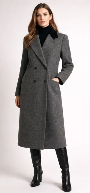 Vintage 1980s Central Park Wool Herringbone Velvet Collar Long Coat size Medium thumbnail 1