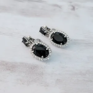 Vintage Monet Clip On Earrings Stunning Silver Tone, Black & Clear Gems thumbnail 3