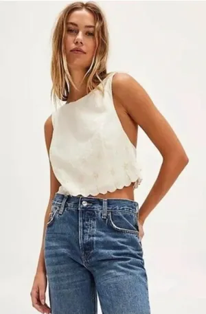 NWT Free People Kayla Solid Embroidered Top White Back Tie XL 100% Cotton thumbnail 1