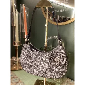 Black White Tweed Flower Rhinestone Shoulder Bag Hobo Purse with Scarf Accessory thumbnail 2