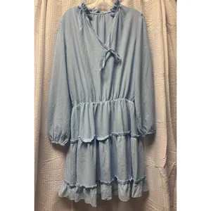 Women's Baby Blue Tiered Mini Dress Tie Front Balloon Long‎ Sleeve L thumbnail 2