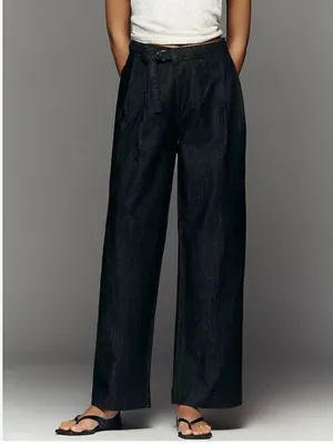 ANTHROPOLOGIE Maeve Belted Pleated High Rise Wide Leg Jeans Dark Denim Size 31 thumbnail 4