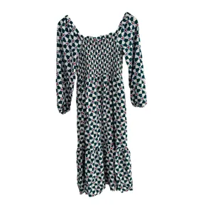 Hanna Andersson Geometric Floral Smocked Midi Dress Size XS Square Neck Casual thumbnail 3