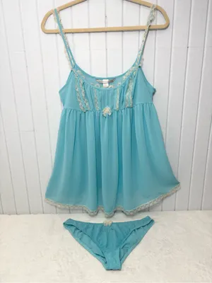 Victoria's Secret Y2K Vintage Sheer‎ Aqua Lace Trim Babydoll Chemise Brief Set thumbnail 4