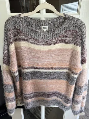 BKE Oversized Striped Fuzzy Boatneck Sweater S Boho Cabincore Scandi thumbnail 3