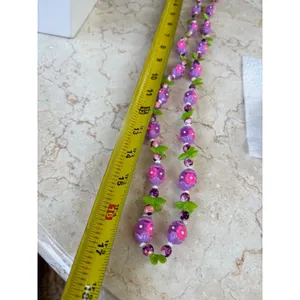 1960's style lucite Purple & Pink Floral Beaded Necklace With Green Leaf Accent thumbnail 2