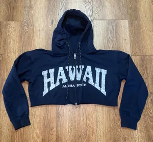 RR Hawaii Resort Navy Blue Cropped Zip Up Hoodie Hawaii Aloha State Womens M thumbnail 1