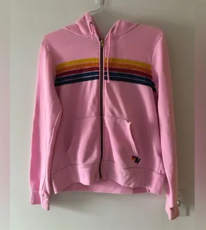 Aviator Nation 5 Stripe Hoodie in Heather Pink Rainbow Stripe Size Medium READ thumbnail 2