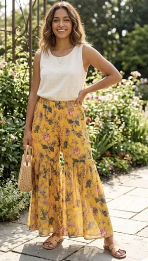 Janasya Yellow Floral Sharara Pants Women Size M Wide Leg Flared Palazzo Boho thumbnail 1