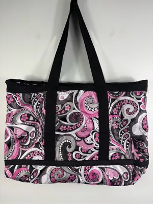 Braciano Packable Utility Tote Waterproof Beach Bag Pink Black Paisley Print thumbnail 1