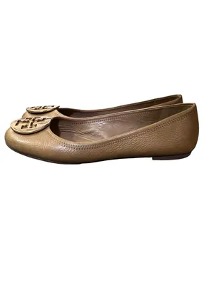 Tory Burch Reva Women’s 8.5 Royal Tan / Gold Metallic Leather Ballet Flats Used thumbnail 12