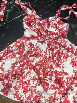 Source Unknown White Red Floral Mini Dress XS Tie Strap Sweetheart Summer Flowy Cute thumbnail 6