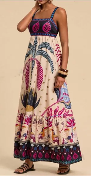 Rosa Clothing Bohemia Tropical Totem Print Strappy Flare Maxi Dress Small New thumbnail 1