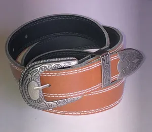 Brown Faux Leather Belt with Decorative Silver Buckle thumbnail 1