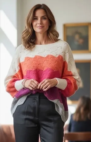 Andree by Unit Colorblock Scalloped Wave Knit Sweater‎ Boho Dolman Sleeve Medium thumbnail 1
