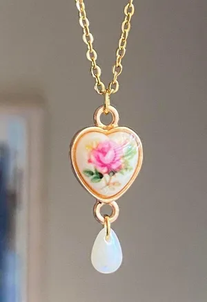 Handmade cottage fairy antique style heart rose necklace🌹🩵 thumbnail 1