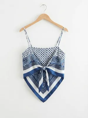 Zara Paisley Scarf Print Tie Back Handkerchief Cami Top Blue White XS-S NWT thumbnail 11