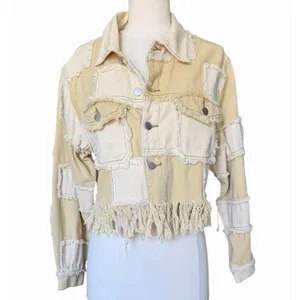 POL Patchwork Fringe Jacket Mixed Media Cropped Boho Raw Edge Button Front Small thumbnail 5