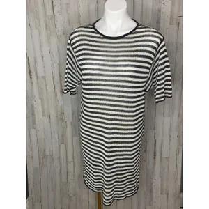 Eileen Fisher Dress Womens Small Black Ivory Striped Shift Knee Short thumbnail 2