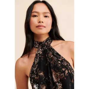 Free People Katerina Mini Dress Large Black‎ Floral Halter Neck Boho Party Chic thumbnail 3