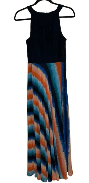 Studio‎ One NY Maxi Dress 8 Navy Pleated Top Multicolor Tie Dye Skirt Sleeveless thumbnail 1