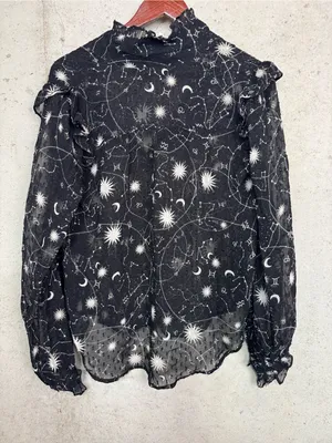 Anthropologie Black Sheer Celestial puffed sleeve Ruffle Blouse M thumbnail 3