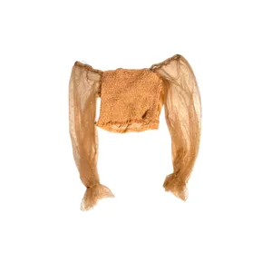 Peach brand Crop Top XS Sheer Star Mesh Balloon Sleeve Ruched Gold ballet fairy thumbnail 2