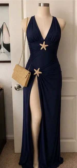 Navy V-Neck swimsuit with Starfish Accents thumbnail 1