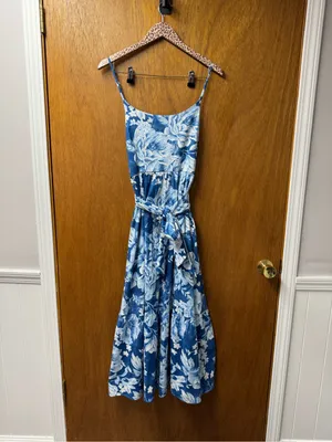 Joie Sleeveless Cotton Blend Long Floral Tie Waist Midi Maxi Dress Blue 16 thumbnail 13