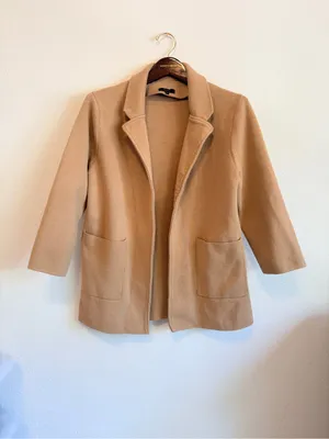 Quince Organic Cotton Blazer Open Front, Pockets , tan, neutral minimalist sz L thumbnail 4