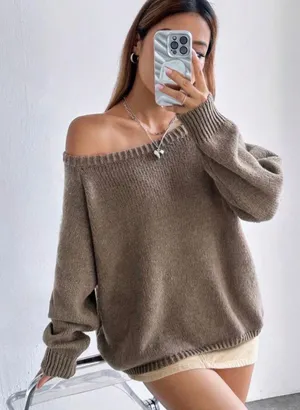 SheIn EZwear Solid Raglan Sleeve Sweater Khaki thumbnail 1