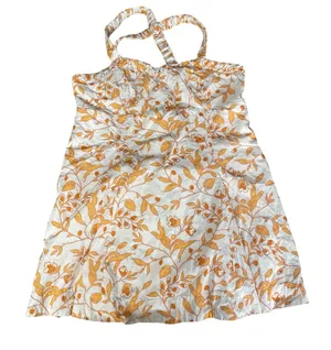 Maeve Anthropologie Floral Cotton Mini Dress Orange White‎ Smocked Back Large thumbnail 1